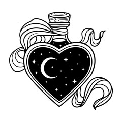 Vector illustration of a heart-shaped magic potion bottle with moon and stars inside, decorated with ribbons. © liza