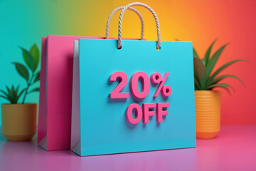 Photograph with a bright, colorful background with a prominent 20% discount image printed in bold on a shopping bag.