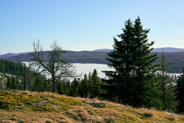 View of the Hersjøen Lake of the Totenåsen Hills, Norway, in April 2025.