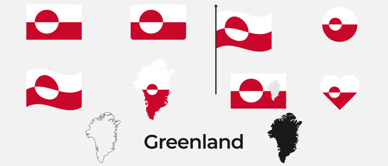 Greenland Flag Icons and Map Silhouettes Set