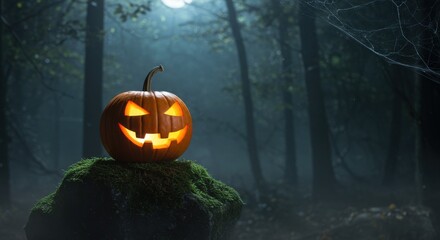 Illuminated jack o lantern on mossy surface in dark forest with moonlight shining through trees