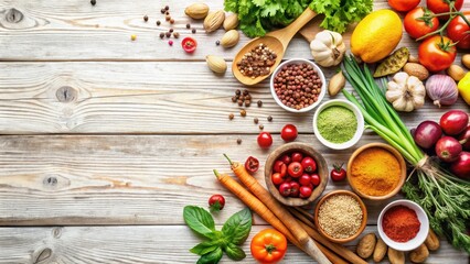 Aromatic Spices, Fresh Vegetables, and Herbs Arranged on a Rustic Wooden Surface
