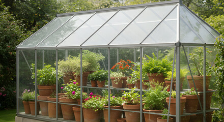 Fototapeta premium Picturesque Greenhouse Filled With Potted Plants On A Sunny Day Outdoors