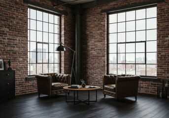 Interior of a room with two leather armchairs and large windows in a brick walled loft apartment