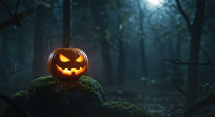 A glowing jack o lantern sitting on moss in a dark forest on a halloween night scene setting