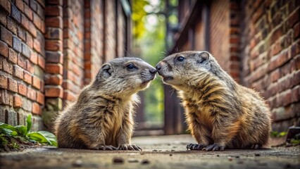 Groundhog Siblings Nose Kiss, Urban Wildlife Encounter, Cute Rodent Affection