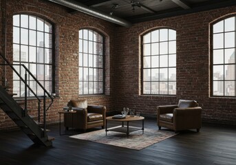 Interior of an industrial loft with brick walls, large windows, and leather armchairs and metal staircase