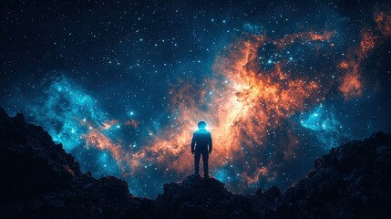A lone astronaut, silhouetted against the vast expanse of space, gazes upon a distant, glowing nebula. The stars twinkle in the infinite void, and the reflections on the astronaut’s visor reveal 