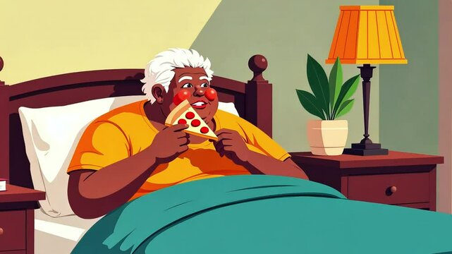 Elderly gray-haired woman eating pizza sitting on her bed in her bedroom, cartoon vector style