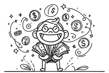 funny person with coin money. Vector illustration of a rich female stickman won money from the bank. Funny person isolated on white background