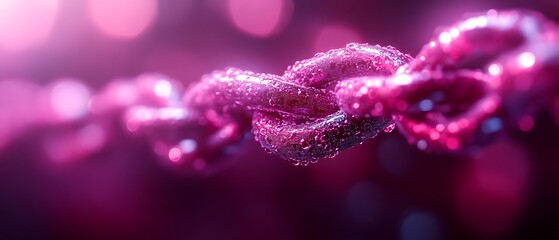 Pink chain link with water droplets.