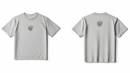 Gray t-shirt featuring a central logo design, displayed from front and back views against a neutral background