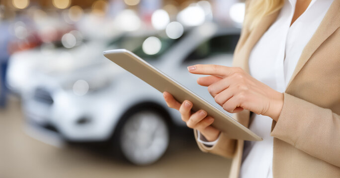 businesswoman in beige suit is using tablet with focus and precision, set against blurred background of cars in showroom