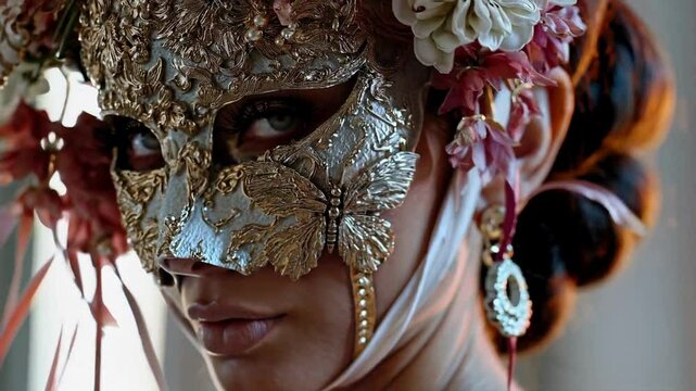 Elegant woman with ornate venetian mask and floral hairpiece