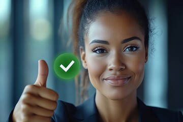Close-up Portrait of a Confident African Businesswoman with Thumbs-Up Gesture and Green Check Mark Icon