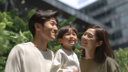 happy family enjoys sunny day in serene garden setting, surrounded by lush greenery. parents and their child share joyful moment, smiling warmly at each other