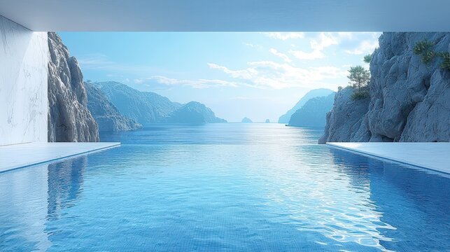 A pristine white terrace, its surface reflecting the boundless expanse of azure ocean beyond, offering a panoramic vista that could only be captured by the generative power of Artificial Intelligence.