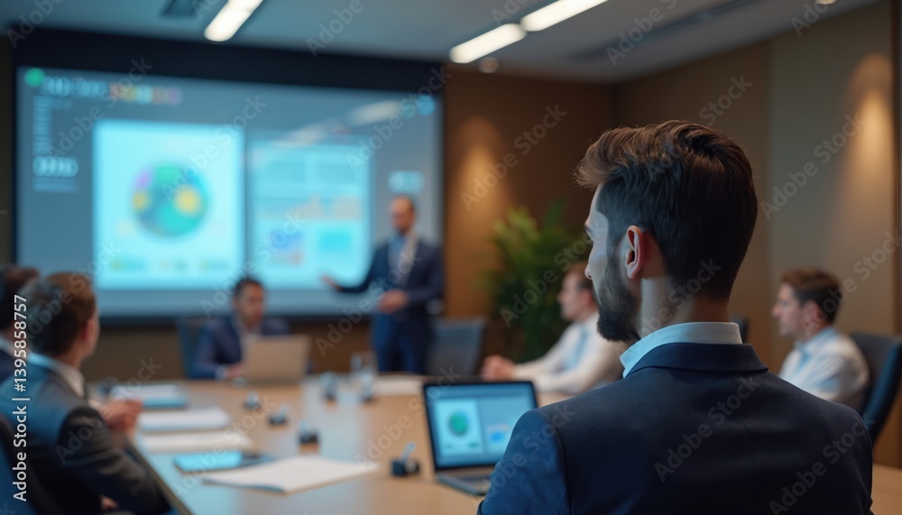 Poster men watching ai presentation in conference room. speaker uses digital projector. audience listens. d
