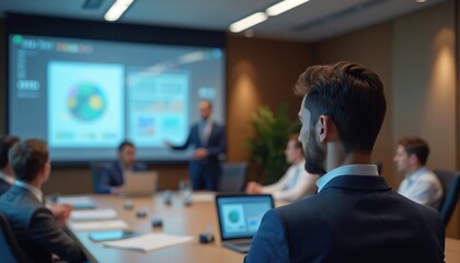 Men watching AI presentation in conference room. Speaker uses digital projector. Audience listens. Data shown on screen charts, graphs. Business meeting, modern technology, innovation, future.
