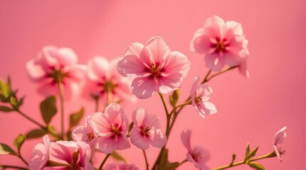 Obraz premium Blooming pink flowers against a soft pastel background in bright sunlight Generative AI