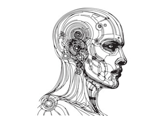 AI artificial intelligence and digital technology brain data robot conceptual. humanoid face line art