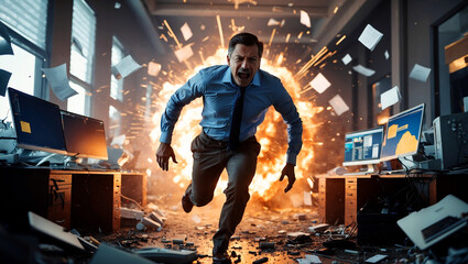 Frustrated man escapes chaos of exploding computer debris