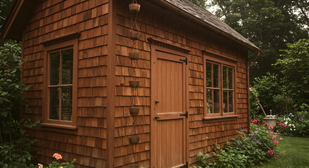 Victorian Style Potting Shed Featuring Cedar Shingles and Copper Rain Chain