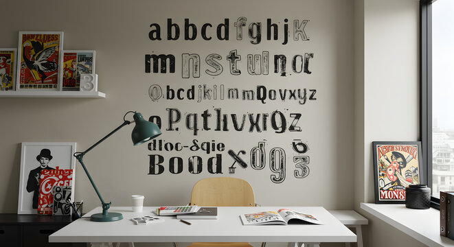 Vintage Typography Wall Decals In A Graphic Designer's Office Interior