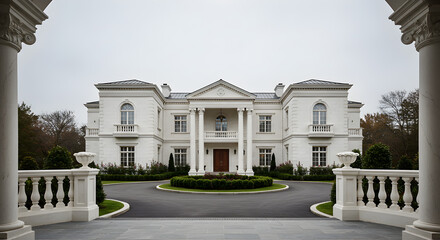 Obraz premium Grand Neoclassical Estate With Circular Driveway Under Clear Skies