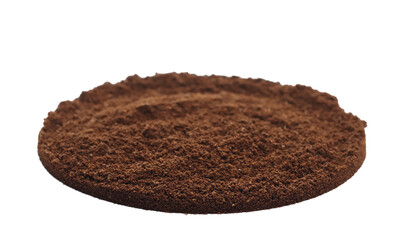 Pile ground espresso coffee isolated on white, side view