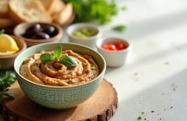 Traditional Egyptian foul medames fava bean dip with herbs. Middle Eastern food served in bowl with olives tomatoes lemon. Healthy lunch, vegetarian meal with copy space.