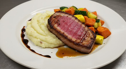 Delicious Seared Tuna Steak With Mashed Potatoes And Seasonal Vegetables