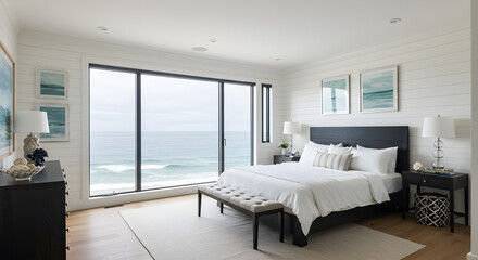 Fototapeta premium Coastal Inspired Bedroom With White Shiplap Walls And Black Trim