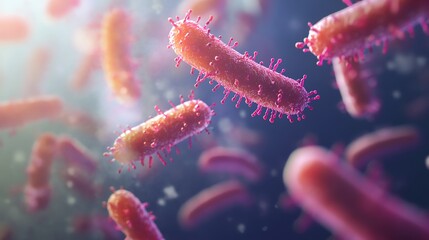 Fototapeta premium Detailed Microscopic View of Floating Rod-shaped Bacteria Cells with Hairlike Structures