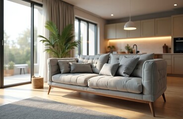 Fototapeta premium Cozy grey couch, modern living room interior design. Big window with wooden floor. Home decor includes grey carpet, plant, kitchen, stylish interior design elements.