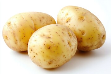 Close-up of three fresh potatoes isolated on white background showing natural texture and raw vegetable detail

