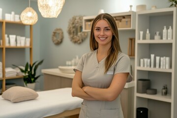 Confident female healthcare professional in a wellness center setting, smiling with arms crossed, treatment room