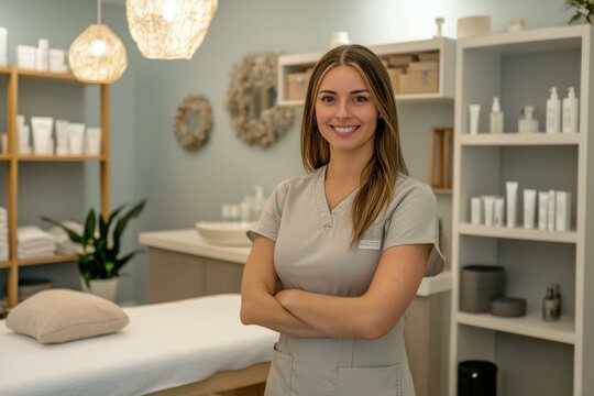 Confident female healthcare professional in a wellness center setting, smiling with arms crossed, treatment room