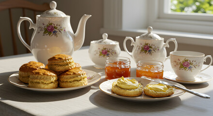 Elegant Afternoon Tea Setup with Scones and Preserves Still Life