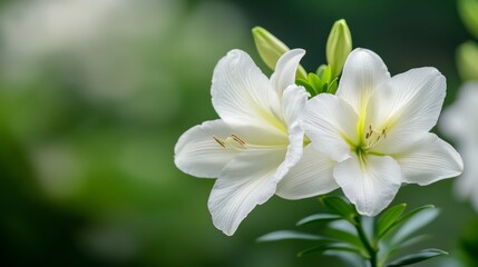 Obraz premium Pure White Lily Blooms in a Green Garden