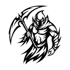 Grim Reaper Silhouette with Scythe, Hooded Death Figure Isolated on White Background