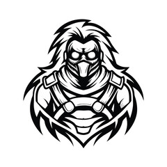 Isolated Monochrome of Warrior with Mask and Hair Decoration on White