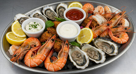 Elegant Gourmet Seafood Platter Featuring Fresh Oysters And Succulent Shrimp