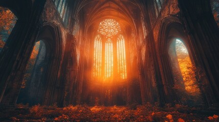Autumn sunlight through gothic church ruins