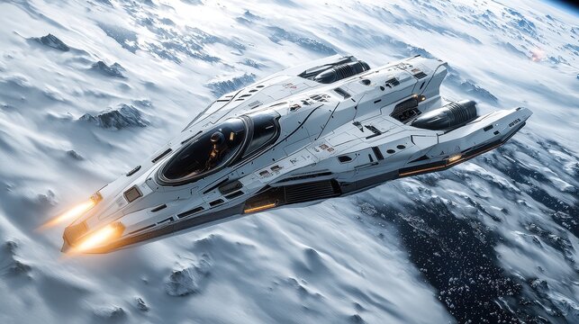 A spaceship, sleek and futuristic, hurtling through the vastness of space, leaving a trail of cosmic dust in its wake. The scene captures the thrill of interstellar exploration and the boundless 