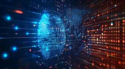 Digital Globe, Binary Code Data Visualization, World Map Network, Futuristic Style