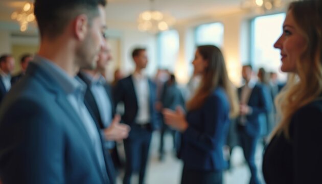 Blurred image networking event. Professionals engage in dialogue, foster connections. Teamwork, collaboration, business relationships, modern tech atmosphere. Elegant ambience. Networking cocktail