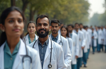 Group Indian medical students in procession at university campus. Young aspiring doctors in white coats, stethoscopes, ready healthcare career. Diversity, team, focus. Concept of health, medicine,