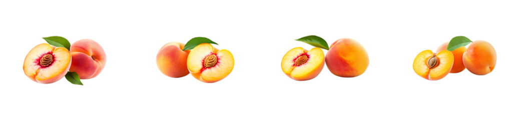 Fresh peaches halves with leaves, close-up, cut out transparent