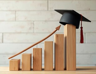 Rising graduate tuition fees concept. Graduation cap on wooden blocks bar chart arrow up. Education financial cost, debt, budget, academic, university, college, higher education. Rising expense.